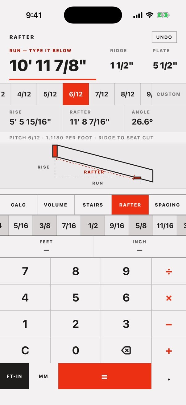 Bangon's Rafter screen at 6/12 pitch showing rise, rafter length, a 26.6 degree angle and a rafter diagram