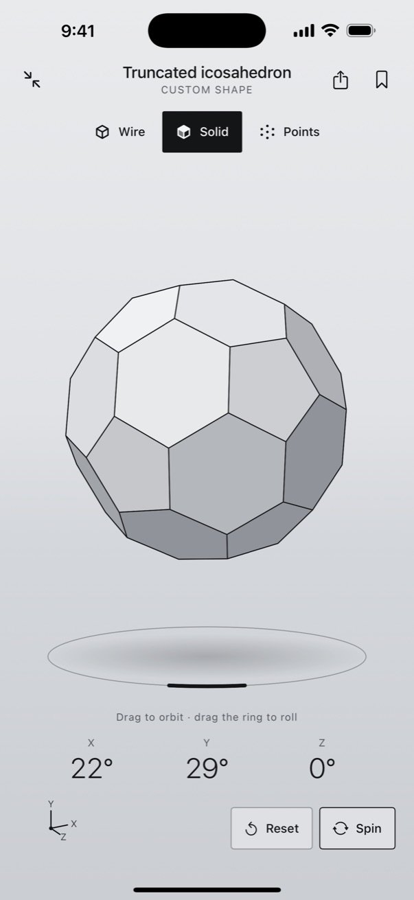 Solids3D full-screen viewer showing a truncated icosahedron in solid view with X, Y and Z rotation angles