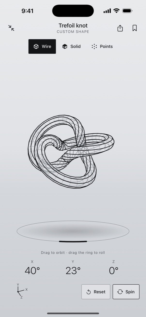 Solids3D full-screen viewer showing a trefoil knot in wire view
