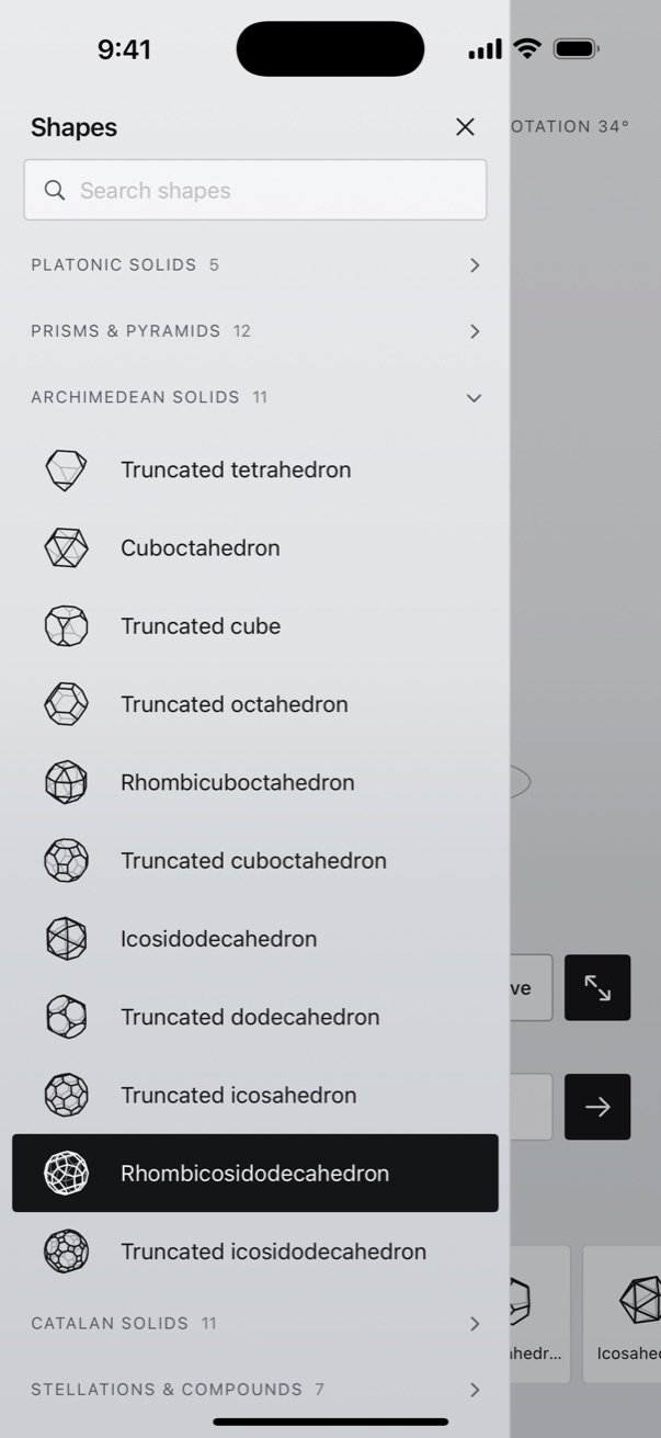 Solids3D shape menu with sections such as Platonic solids, Archimedean solids and Catalan solids