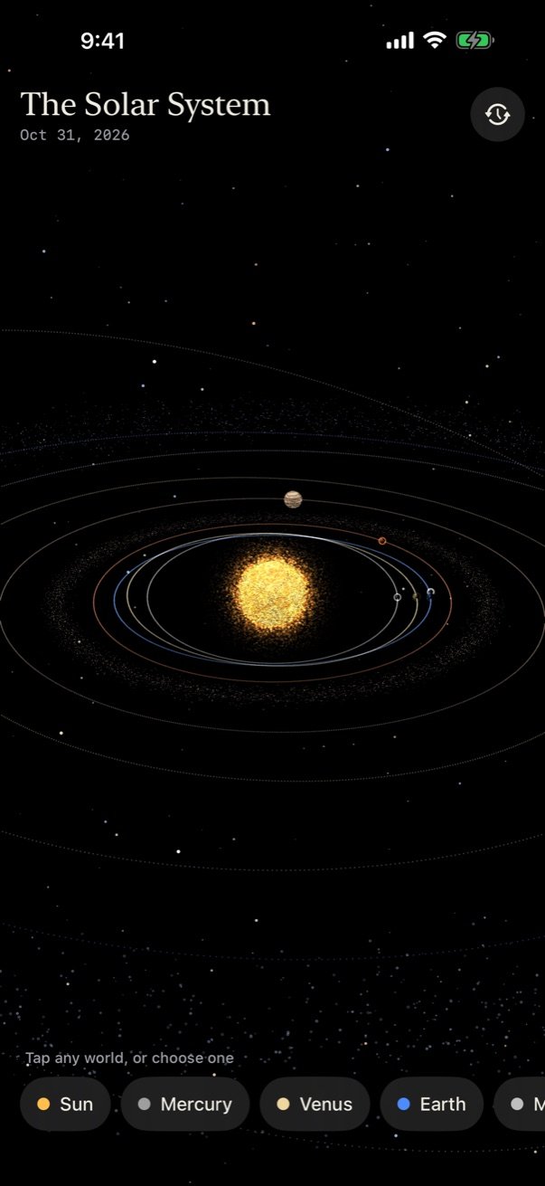 Systemsol showing the Sun and planets orbiting in the dark, with a list of worlds along the bottom