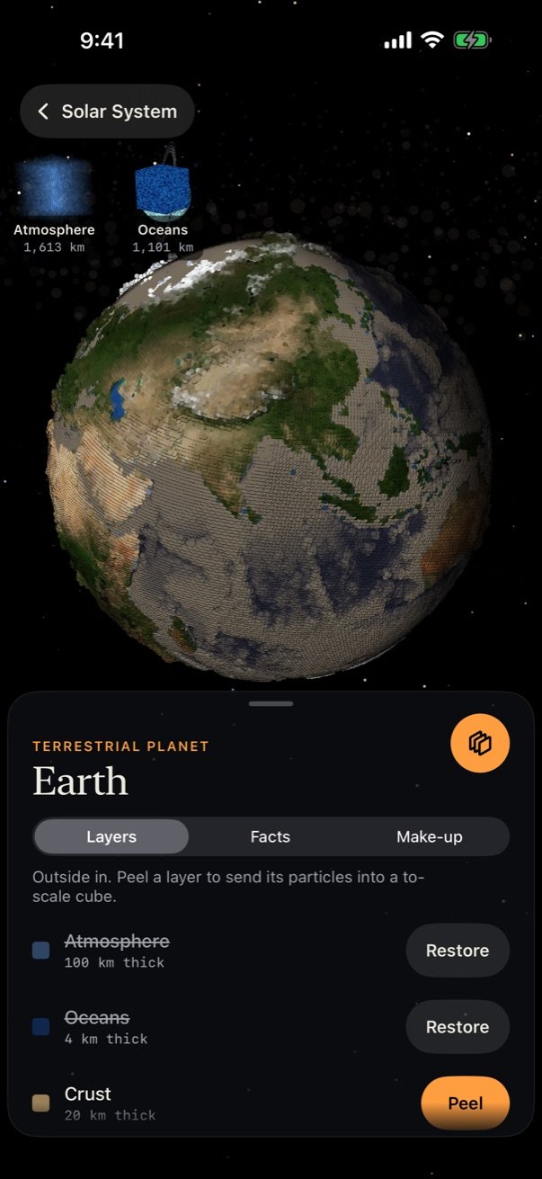 Systemsol showing Earth with its atmosphere and oceans peeled off into cubes above, and its layer list below
