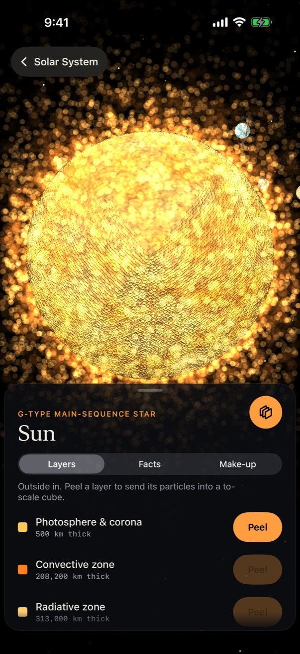 Systemsol showing the Sun as a boiling ball of particles, with its layers listed below