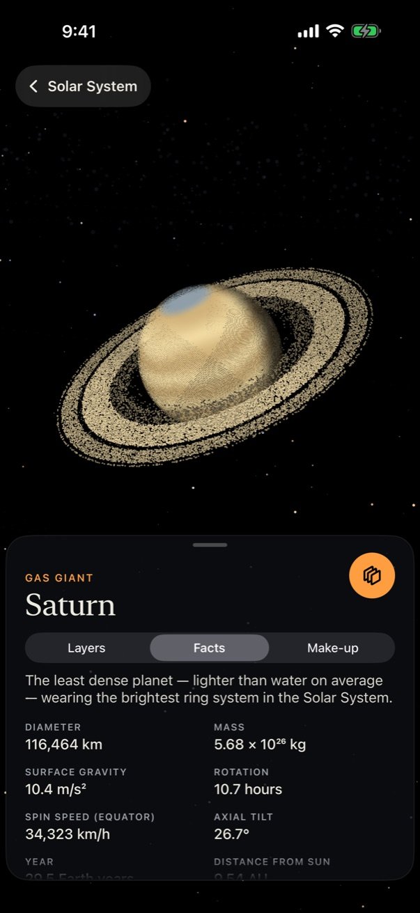 Systemsol showing Saturn with its rings and a facts panel listing its diameter, mass, gravity and rotation